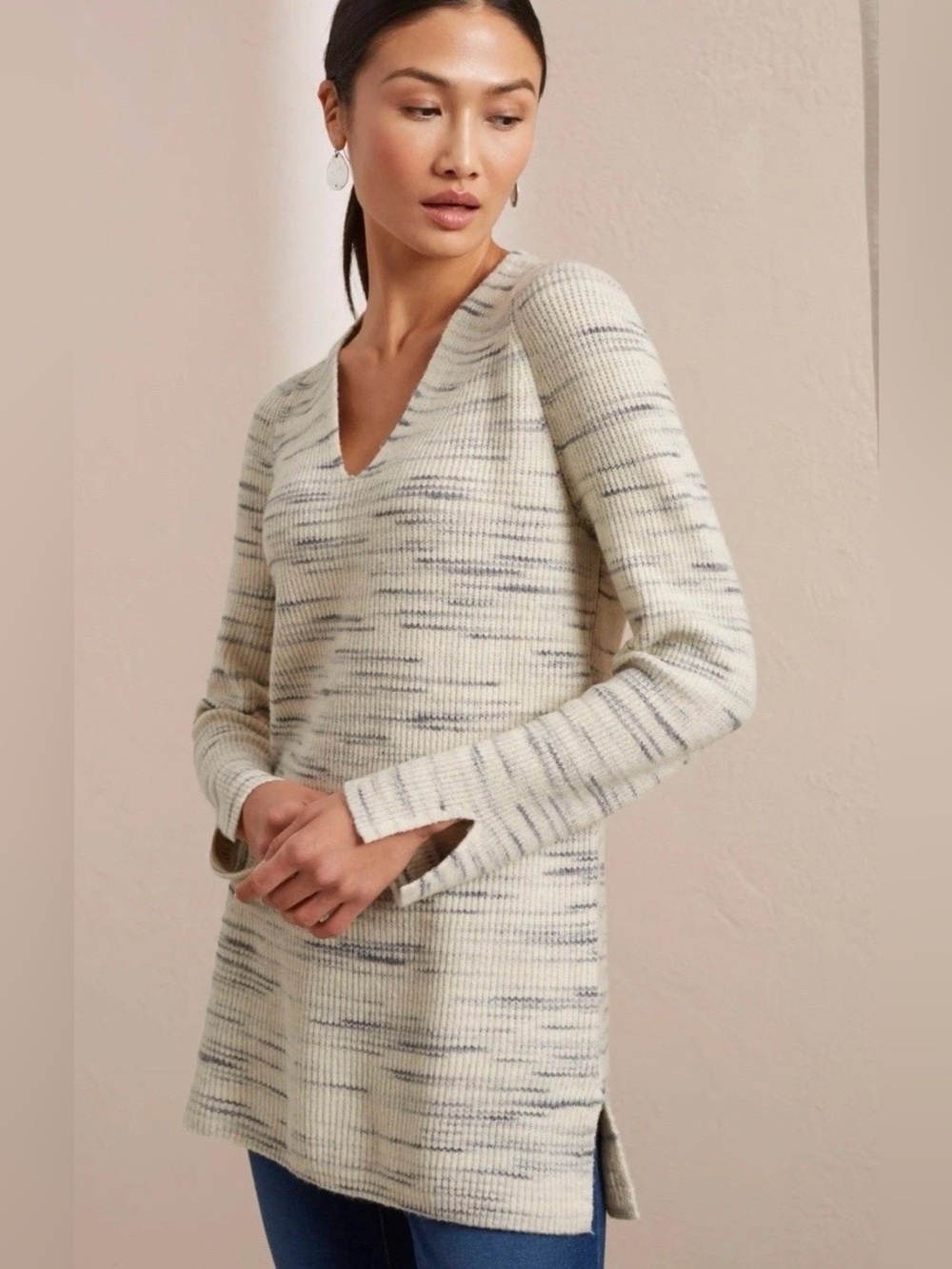 J. Jill Pure Jill Marled Rib V-neck Tunic Sweater Slits Women’s M Ivory Gray